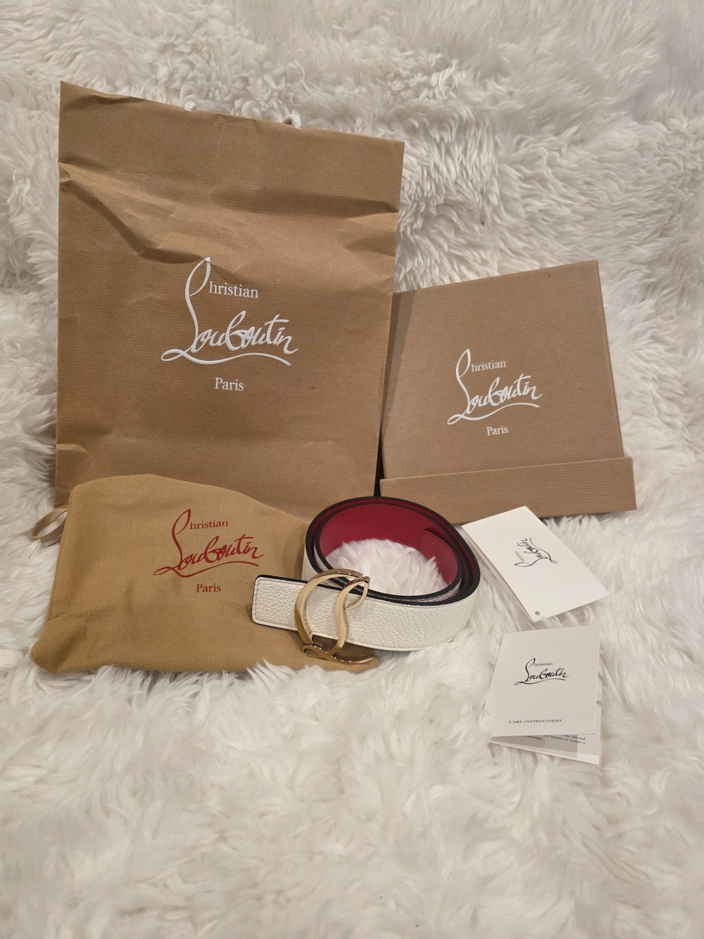Christian Louboutin White Leather Belt with Gold Double-C Logo and Red Lining